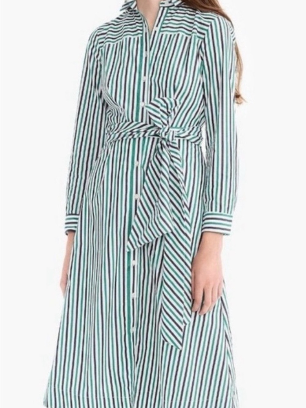 J. Crew Vertical Stripe Tie-Waist Shirt Dress in Green and White